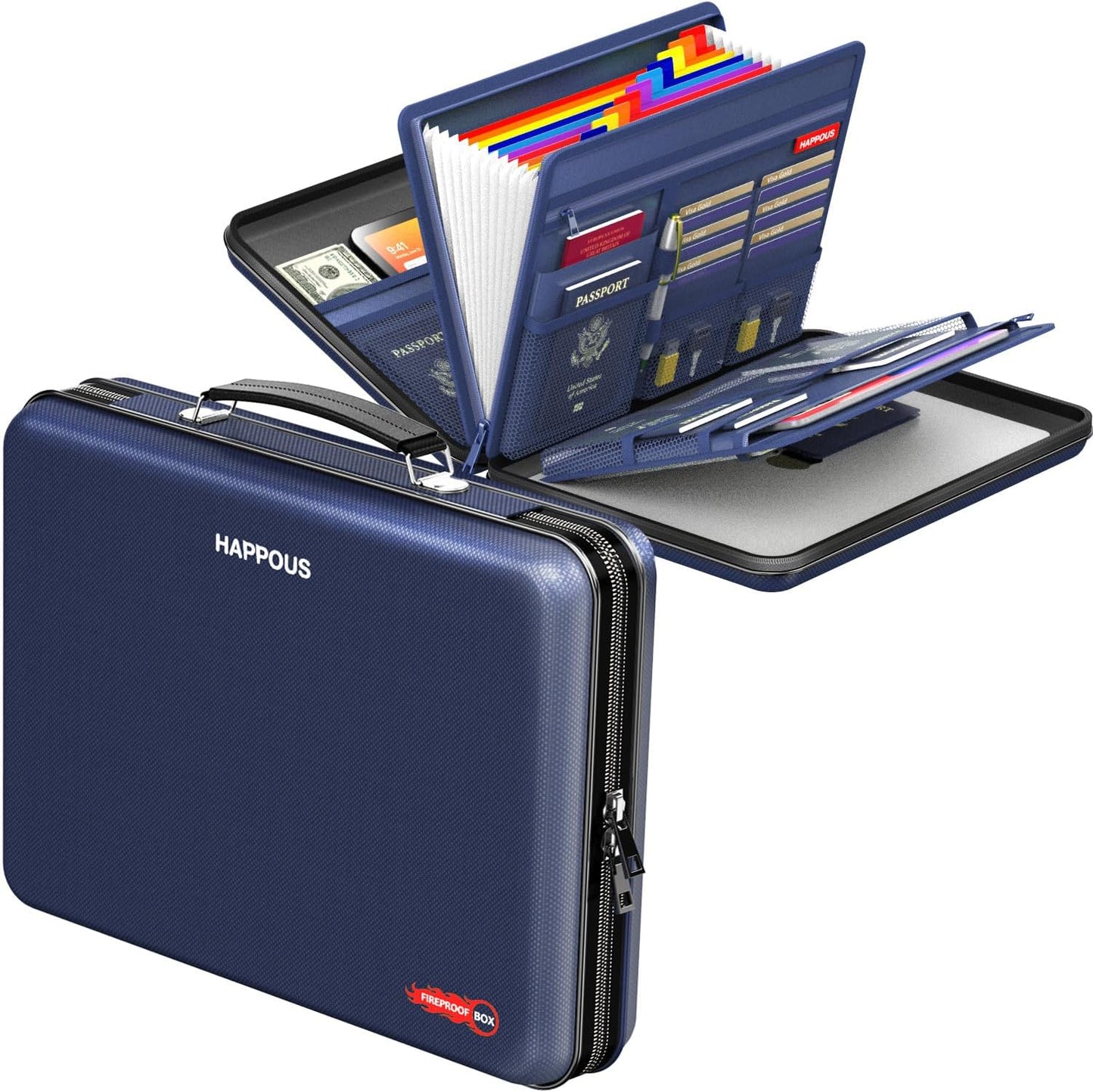 Fireproof File Organizer, Expanding File Folder with 13 Pockets, Portable Fireproof Document Box Hard-Shell Document Organizer Storage for Documents Laptop Passports Cards Blue
