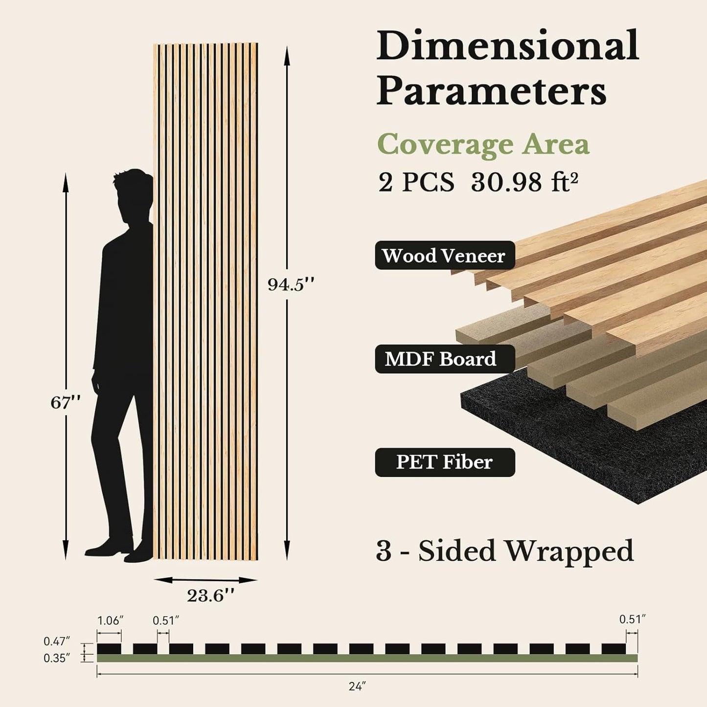 MISSDAY Wood Slat Acoustic Wall Panels, 2 Packs 94.5" x 23.4" Oak Soundproof Panel For Interior Wall Decor Noise Absorbing-3D Textured Wooden Panel Sound-Absorbing for Home, Office, Studio