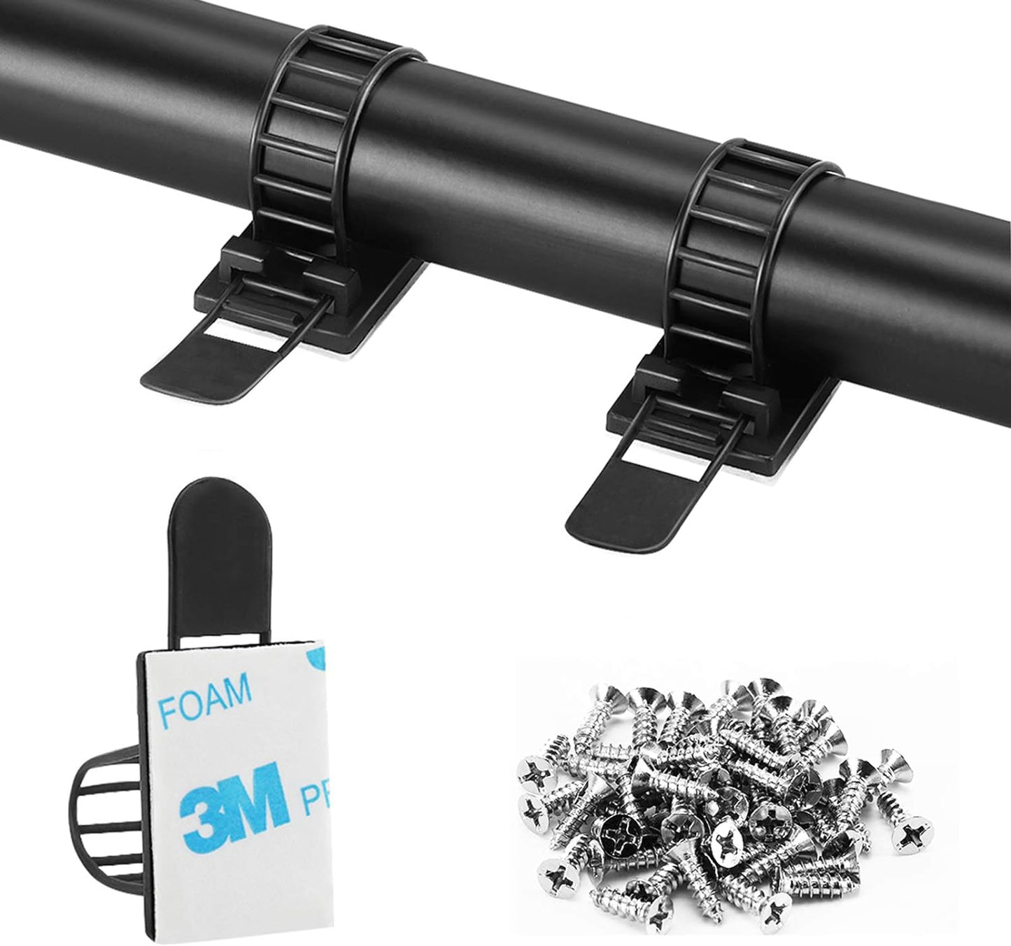 Adhesive Cable Management Clips, 50Pcs Adjustable Nylon Cable Strap Ties Wire Clips Clamps Organizer with Strong Adhesive Tape, Extra Screw & Hole for Strong Fixation Home Office - 3.55 Inch Black