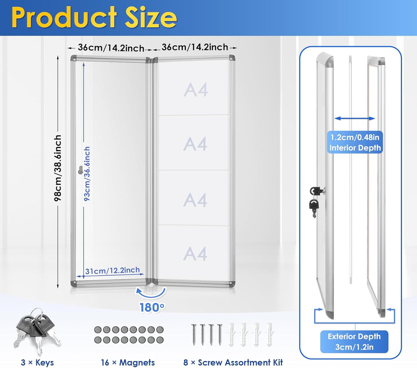 SWANCROWN Enclosed Bulletin Board Magnetic Dry Erase Noticeboard Lockable Display Boards White with Aluminium Frame 38x14inch(4xA4)