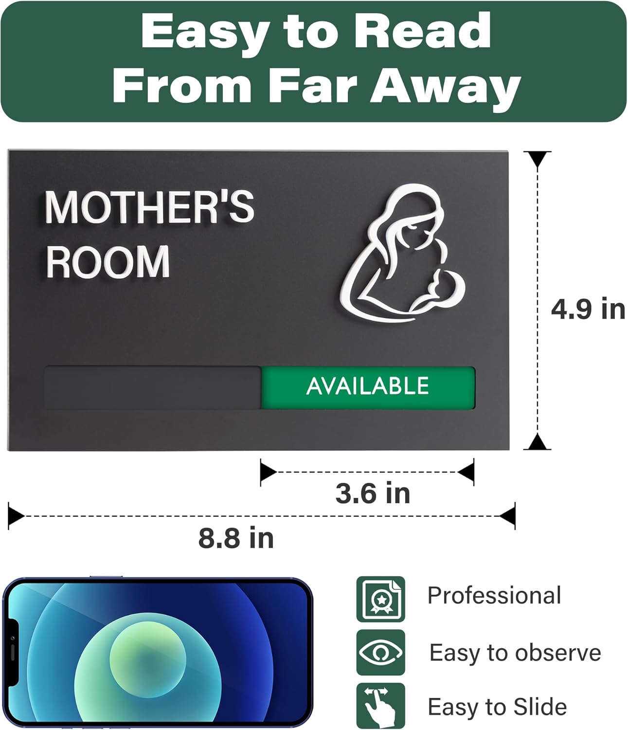 ""9x5 Privacy Slider Sign - In Use/Available for Mother's Rooms, Conferences, Wellness Areas | Office & Hospital Door Indicator"", Black