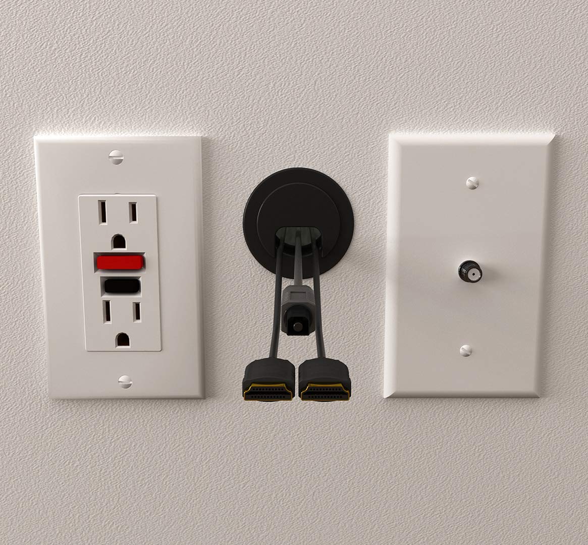 (1-Pack Black) Cable, Wire & Cord Management - Self Locking Grommet with Cover for Walls, Ceilings, Desks, Used for All Surfaces 3/8” to 1” Thick, Made in USA