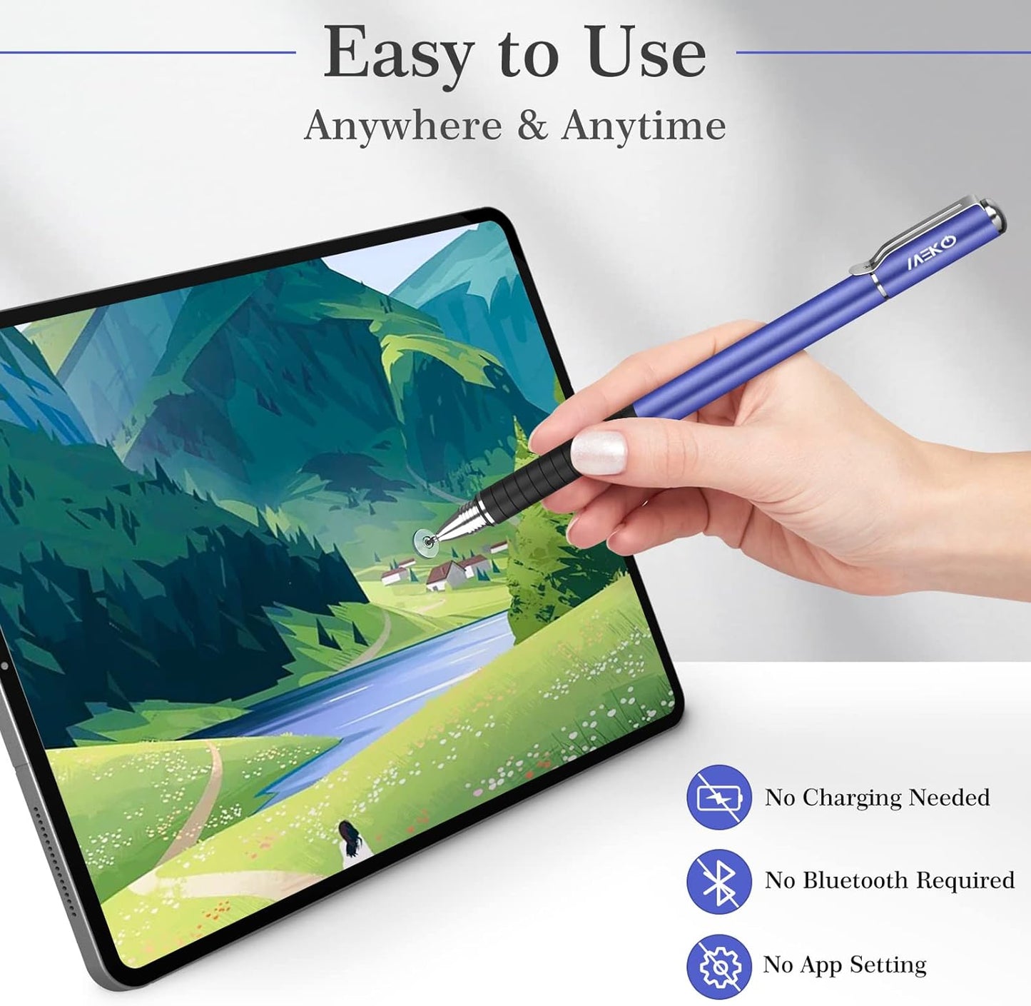 MEKO Stylus Pens for Touch Screens, 2 in 1 Universal Disc Stylus Pens for iPhone, iPad and All Capacitive Cell Phones, Tablets, Laptops Bundle with 6 Replacement Tips - (2 Pcs, Blue/Silver)