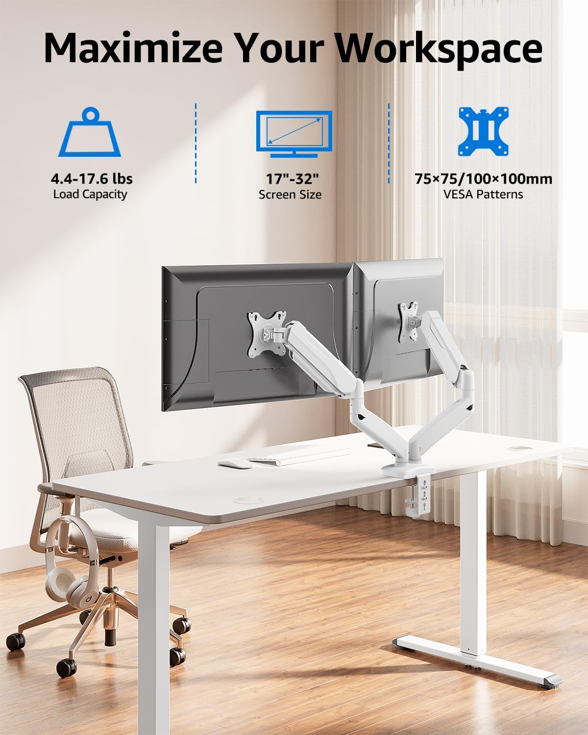 MOUNTUP Dual Monitor Stand for Desk, Pneumatic Monitor Arms for 2 Monitors Max 32 Inches, Height Adjustable Double Monitor Mount, VESA Mounts with C-Clamp & Grommet Base, Holds 4.4-17.6lbs, White