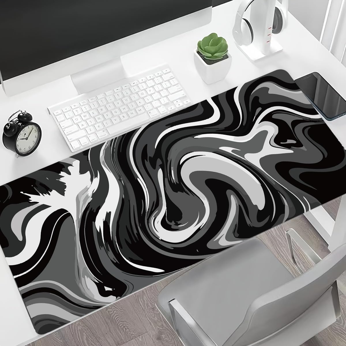 Large Gaming Mouse Pad - Black and White Mouse Pad with Stitched Edges, Extended XL Mousepad with Anti-Slip Rubber Base, Ink Liquid Wave Desk Mat for Keyboard and Mouse(31.5x15.8 inch)