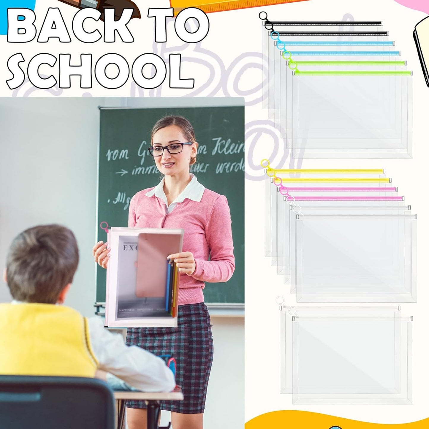 Yexiya 30 Pcs Back to School Clear Plastic Zip Envelope A4 Zipper Document Folder 13 x 9.7In File Folder Expanding Envelope Pouch for Paper Pencil Storage Office Supplies (Stylish Colors)