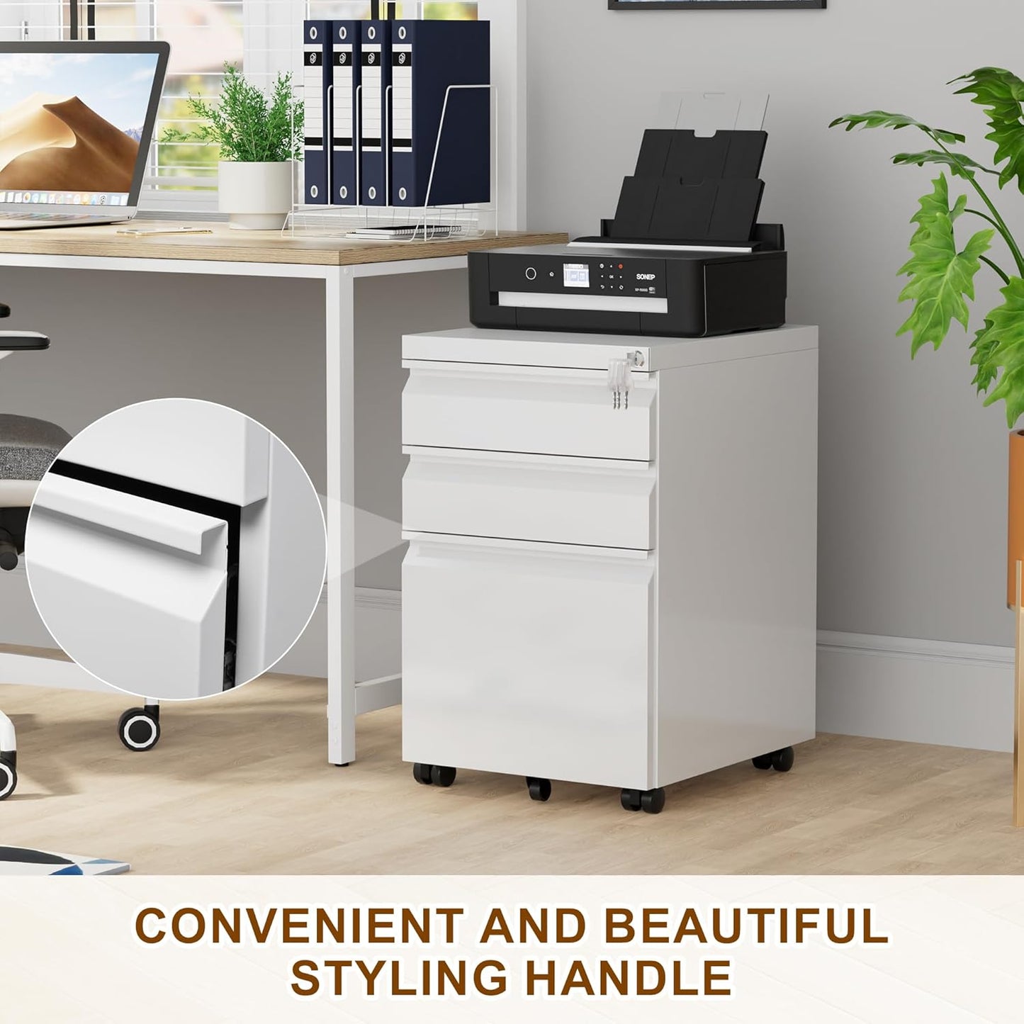 Metal Mobile File Cabinet with Lock and 4 Keys - Fully Assembled, Under Office Desk 3 Drawers Filing Cabinet for Home Office with Anti-tilt Wheels, A4/Legal/Letter Hanging File Drawers