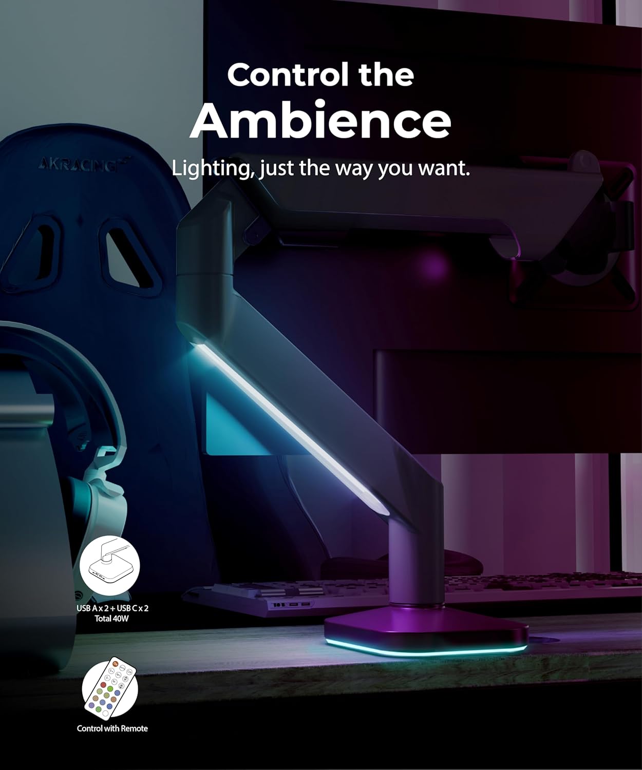 Heavy Duty Ultrawide Monitor Arm with RGB Lighting & USB Charging, Fits 34 to 49 inch Curved Screens, Supports 14 to 38 lbs, Adjustable Desk Mount, Compatible with Gaming Setup, White