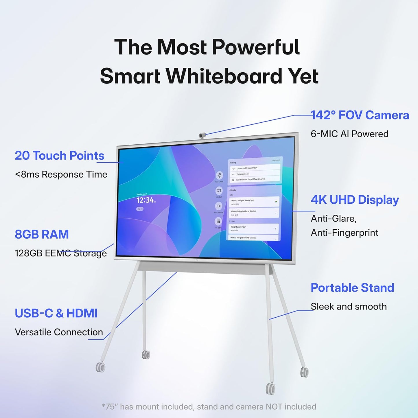 Vibe S1 4K UHD Smart Board, 75 Inch Digital Whiteboard for Office and Classroom, Electronic Presentation Meeting Device for Hybrid Work, Interative Touchscreen Display, Chrome OS and 250+ Free Apps