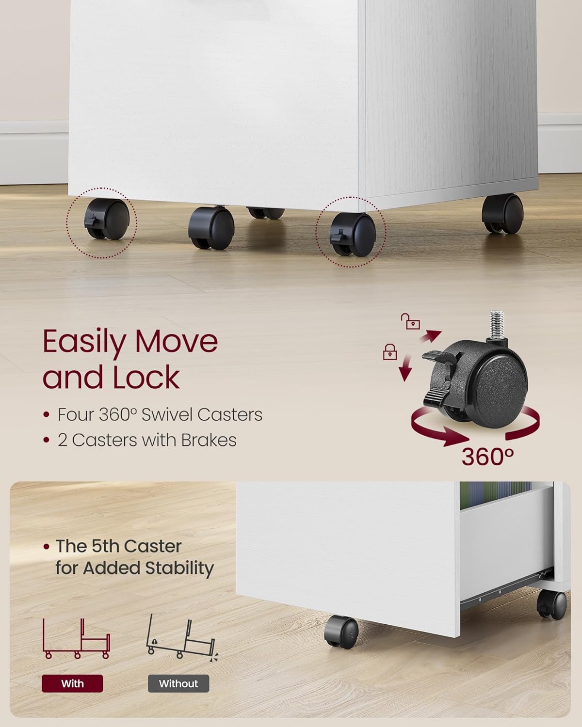 VASAGLE 2-Drawer File Cabinet, Small Rolling Filing Cabinet for Home Office, Printer Stand, for A4, Letter-Size Documents, 15.7 x 16.5 x 27.6 Inches, Snow White UOFC040W46