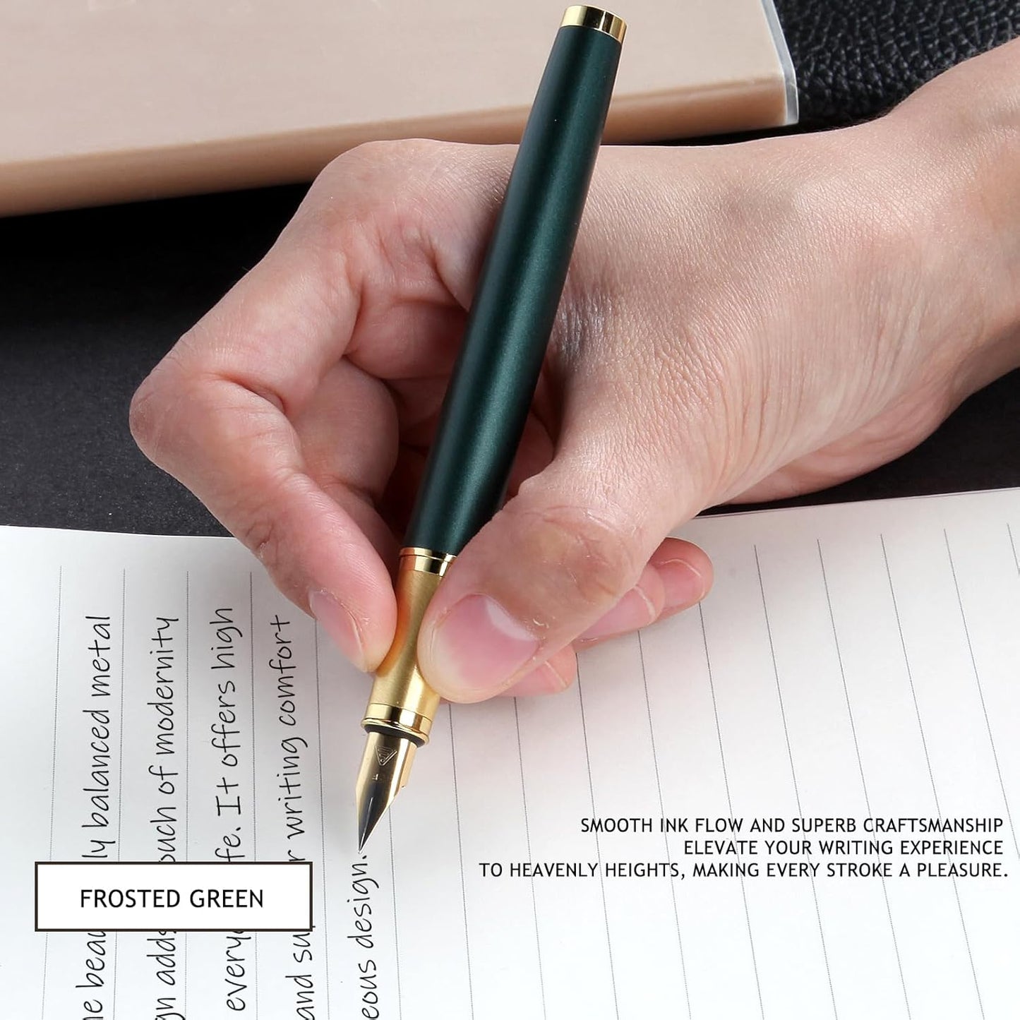 Fountain Pen, luxury Fine point smooth writing pen for journaling fancy pens with Gift Case 8 black ink cartridges an EF nib an ink converte nice pen writer gifts-Matte Green