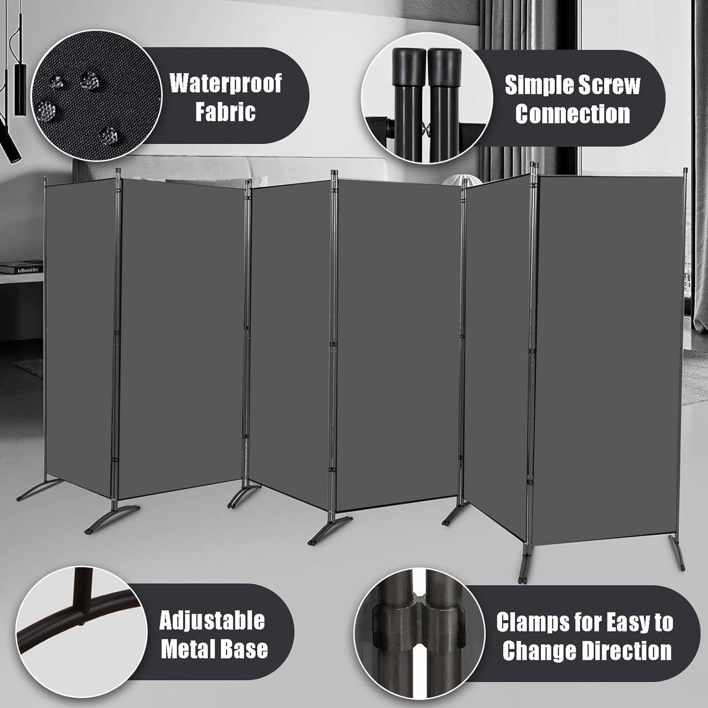 Room Divider-6 Panels Grey Folding Privacy Screens, 6 ft Partition Room Dividers Wall for Separation, Home, Office, Classroom, Studio