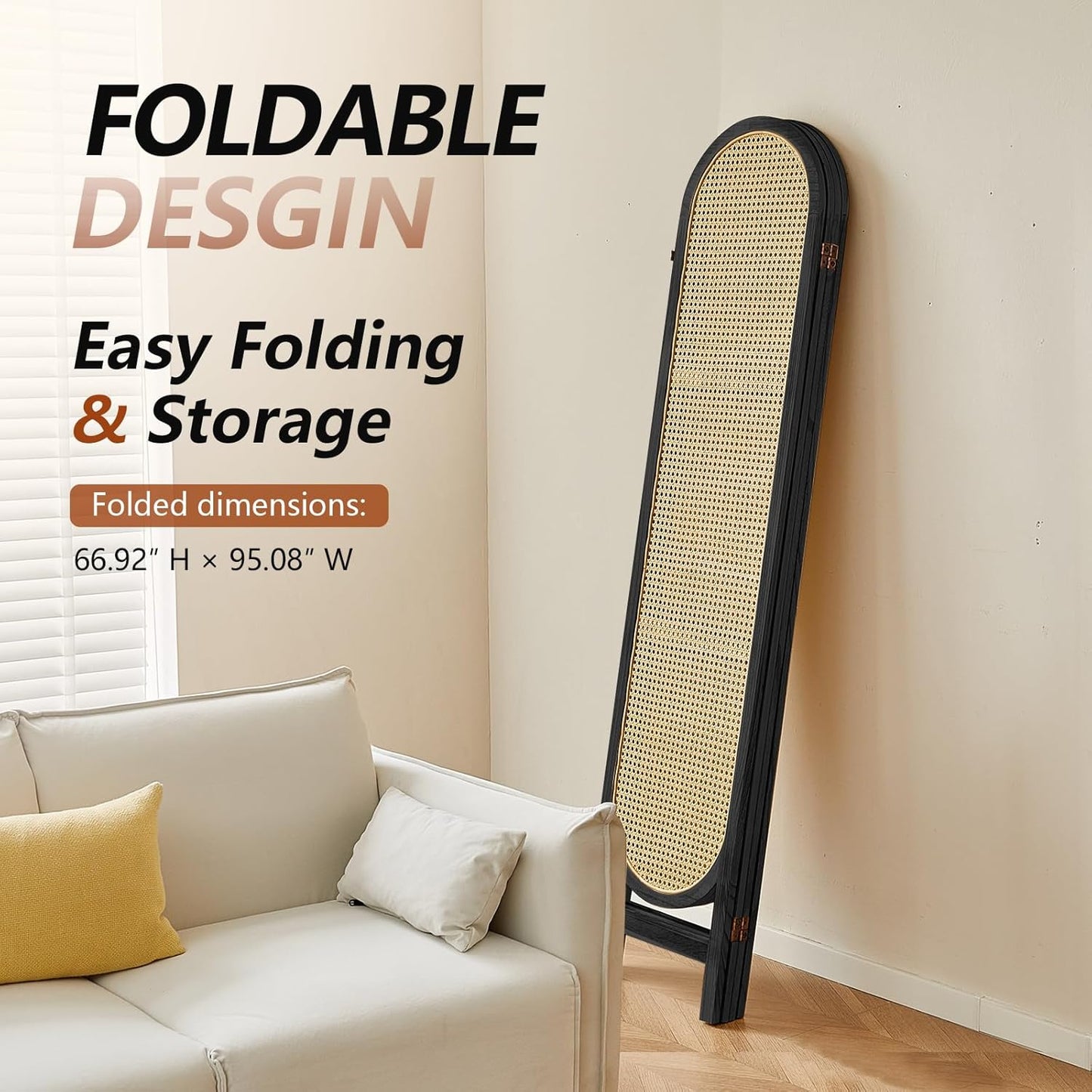 6 Panel Room Divider, Hand-Woven Rattan Room Divider Screen, Folding Privacy Screens with Double Hinges, Wooden Freestanding Wall Divider for Room Separation Bedroom Home Office - Black