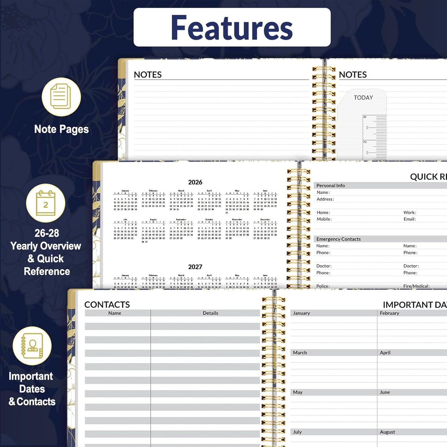 SUNEE 2026 Appointment Book, Quarter-Hourly, Weekly & Monthly - from January 2026 - December 2026, 8.5"x11" Weekly Planner, Flexible Cover, Note Pages, Pockets, Bookmark, Spiral Binding, Dark Blue