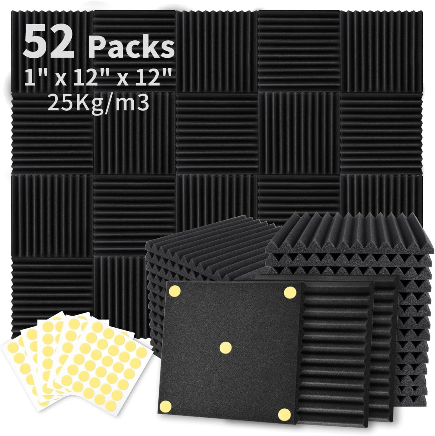 52 Pack Acoustic Foam Panels 1" x 12" x 12" Sound Proof Foam Panles Soundproofing Noise Cancelling Wedge Panels for Home Office Recoding Studio with 300PCS Double-Side Adhesive