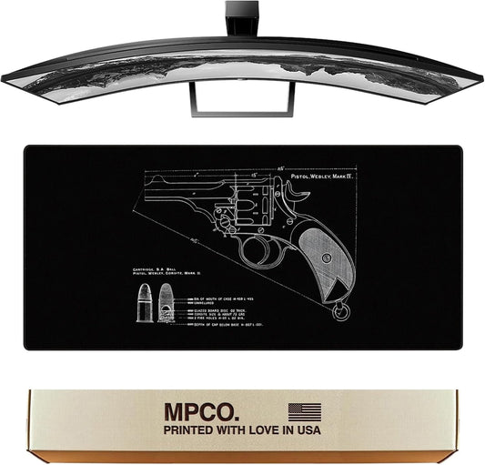 MPCO. Blueprints Large Gaming Desk Pad - 36" x 17" Aeroglyde Fabric Pistol Webly Mark IV – Black Desk Mats - Non-Slip, Washable, Smooth Glide for Precision Gaming & Work