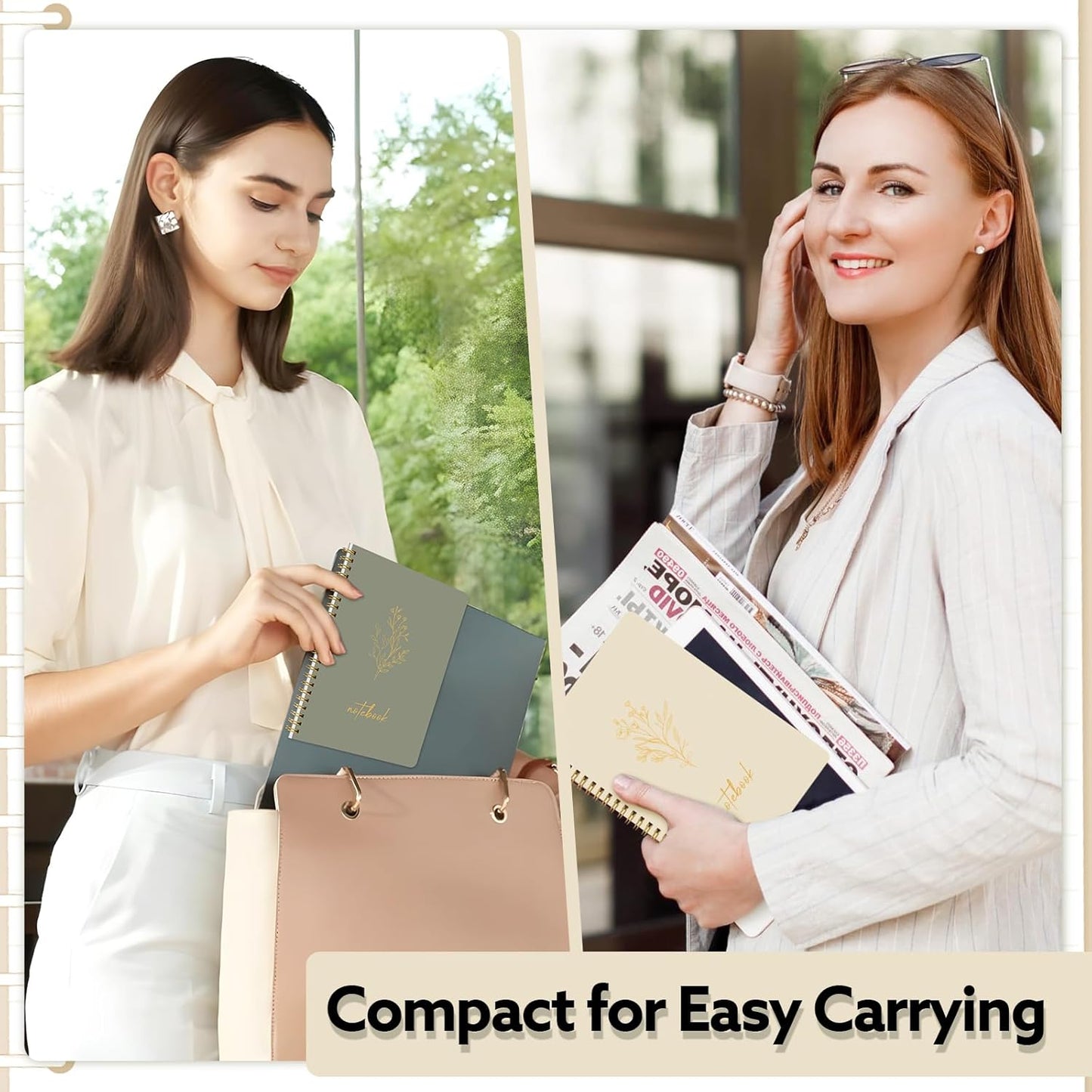 3 Pcs Spiral Notebook 5.9x8.3, 140 Pages Small Notebook for Women A5 College Ruled Journals Cute Notebooks with Large Pockets and Index Stickers for Home School Office Use（Green, Beige, Orange）