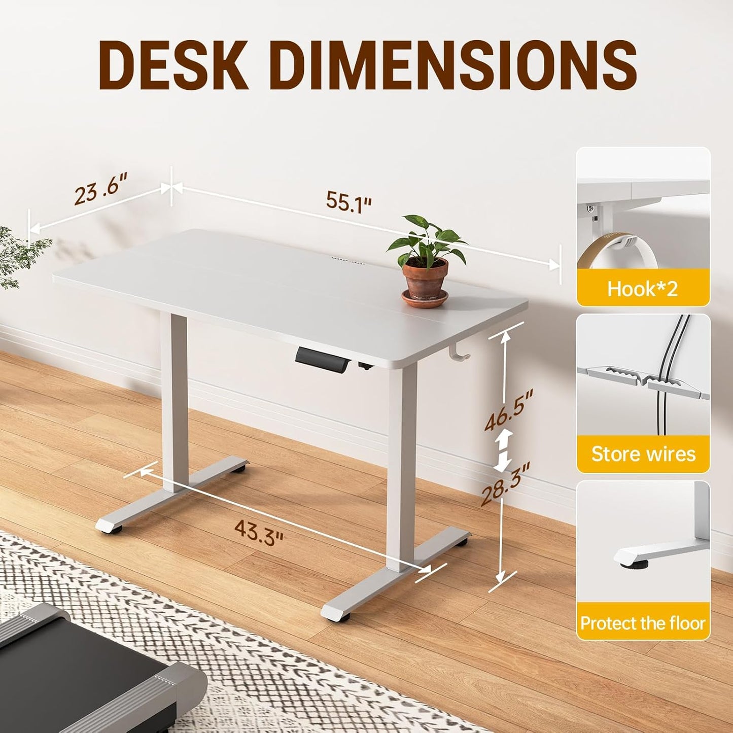 Veken 47.2 Inch Large Electric Standing Desk, Heights Adjustable, Sit to Stand Up, Work Home Office Computer Table for Study, Walking Pad, Writing, and Games, Wooden Desktop Desks, White