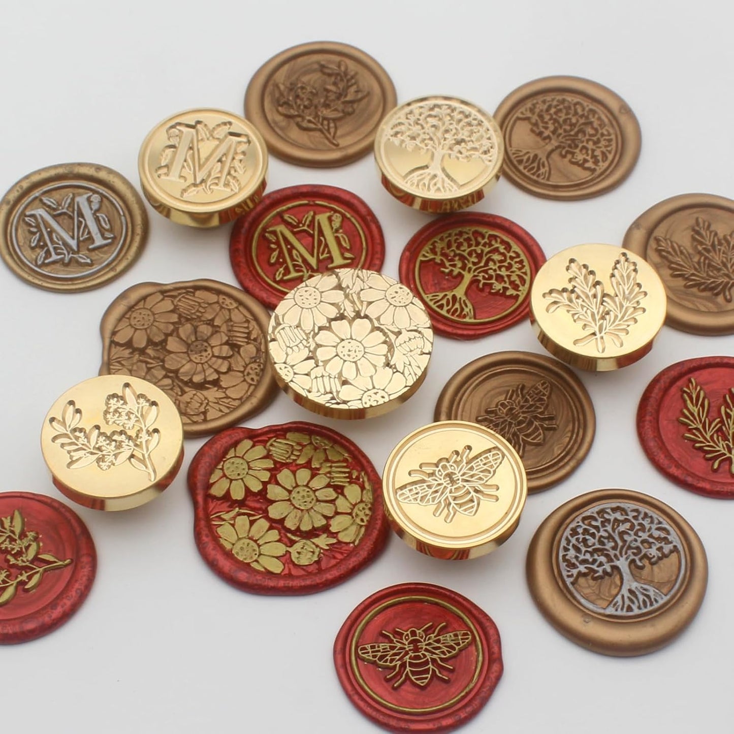 Wax Seal Stamp Set - 6 Pcs Botanical Copper Seals, 1 Wooden Hilt, Kit Including Eucalyptus, Bee, Daisy, Rosemary, Tree Life, Letter M Patterns