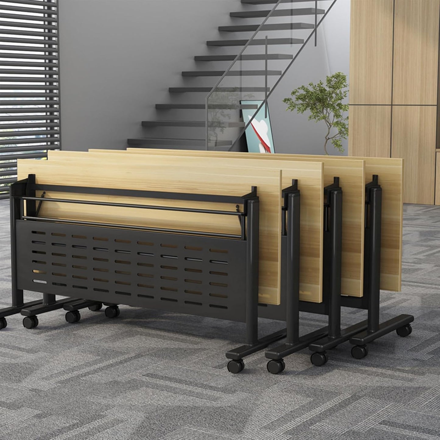 Foldable Conference Table, Folding Conference Room Table with Wheels, Flip Top Mobile Training Table, Rolling Seminar Meeting Table for Office Training Room Classroom (6pack 55.1in)