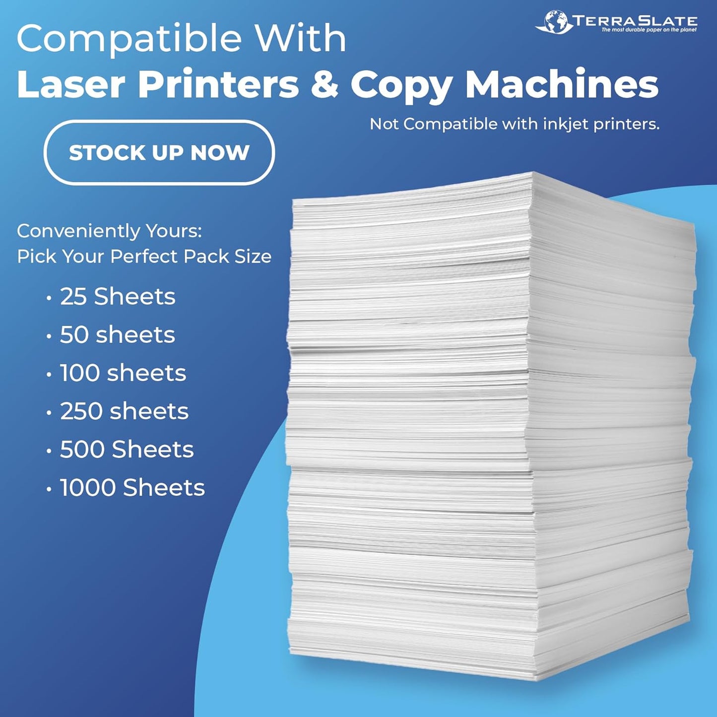 TerraSlate Waterproof, Durable, Rip-Proof Paper, 1,000 Sheets, 5 Mil (24lb Bond), 8.5” x 11”, Laser Printer and Copy Machine Compatible