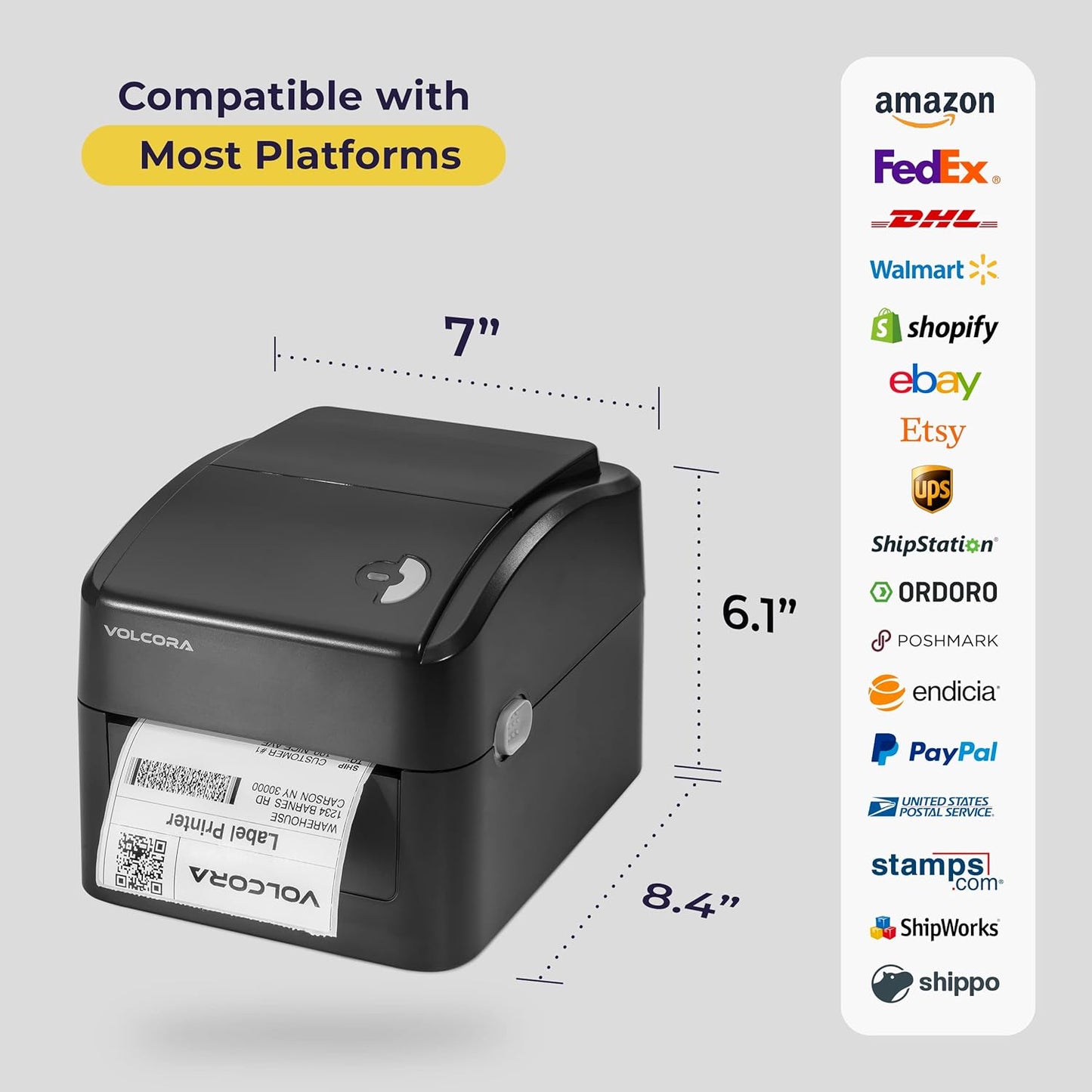 Volcora Thermal Label Printer with Ethernet/USB - Desktop 4x6 Shipping Label Printer, Compatible with Windows, Linux, Mac - Ideal for Small Business, Inkless Printer for Shipping Packages (Black)