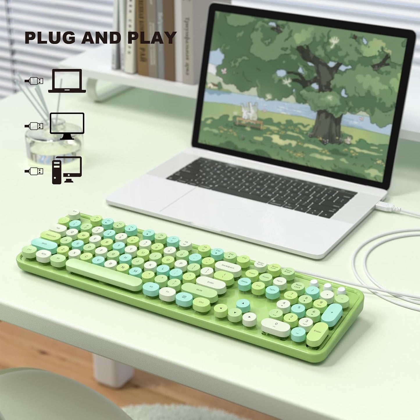 MOFII Wired Keyboard, Full Size USB Keyboard Plug Play, Colorful Retro Round Typewriter Keyboard with Foldable Stands for Windows PC Laptop (Green Colorful)