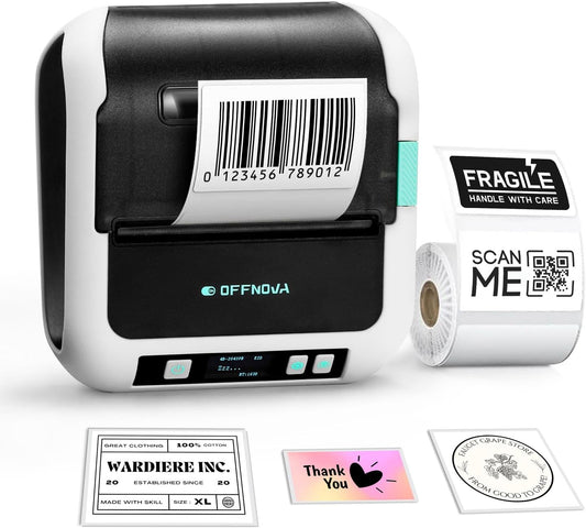 OFFNOVA Label Maker, 3-Inch Barcode Label Printer, Bluetooth Thermal Label Printer for Address, Shipping, Product Tags, Home, School & Office, Sticker Printer for Phones & PC with 1 Tape