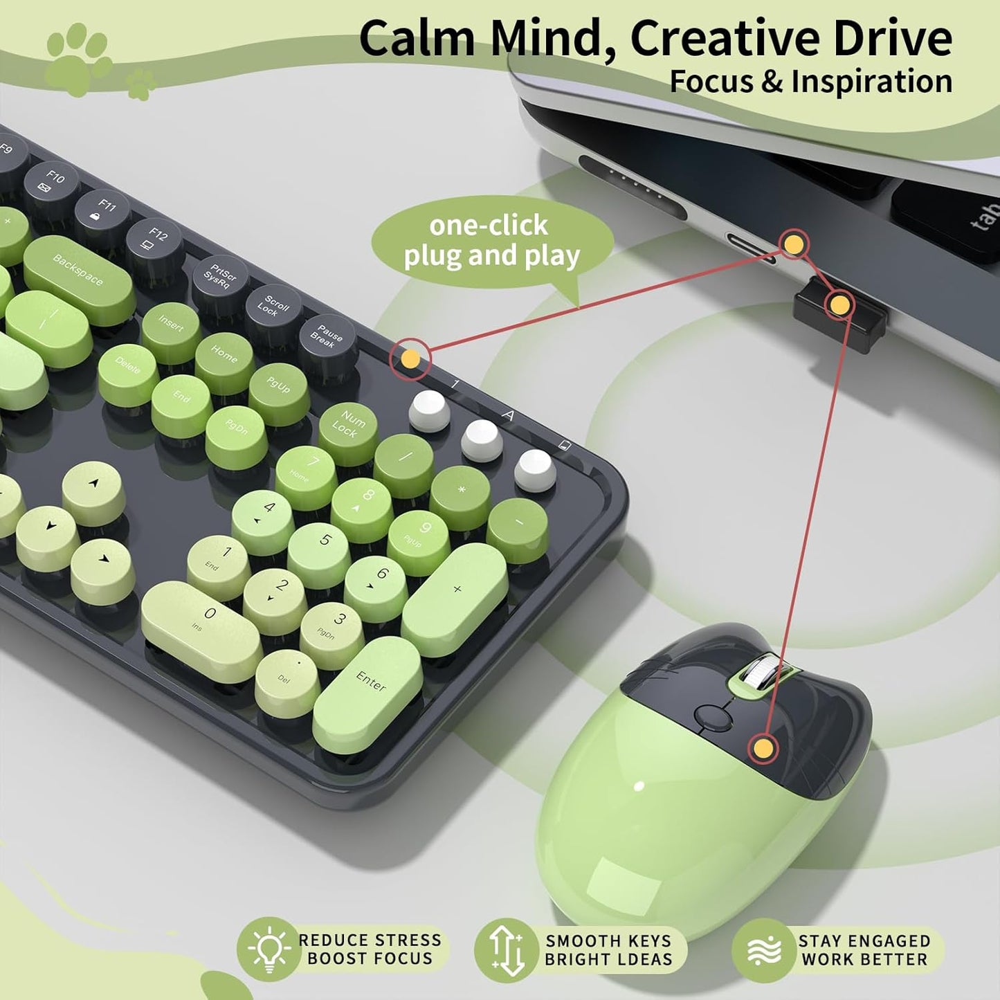 Wireless Keyboard and Mouse, MOFII 104 Round Keycaps Retro Typewriter with OTG & Brush, Full-Size Ergonomic, Ideal for Windows PC, Home, Office and College Gray Green