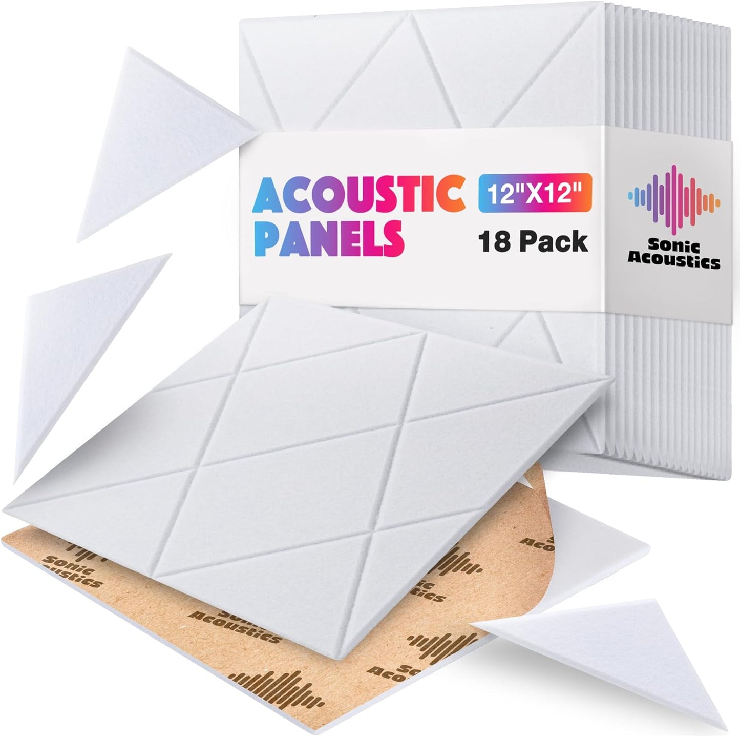18 Pack Self-Adhesive Acoustic Panels, 12"x 12"x 0.4" Sound Absorbing Panels, High Density Square Sound Proof Noise Dampening Panels for Walls Home Studio Office, Rhombus Cutting Style, White