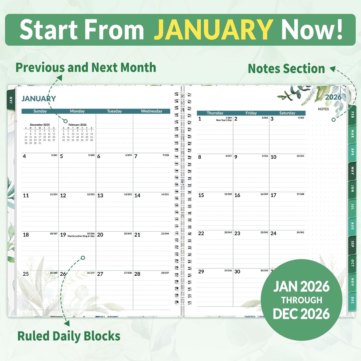 SUNEE 2026 Appointment Book, Quarter-Hourly, Weekly & Monthly - from January 2026 - December 2026, 8.5"x11" Weekly Planner, Flexible Cover, Note Pages, Pockets, Bookmark, Spiral Binding, Greenery