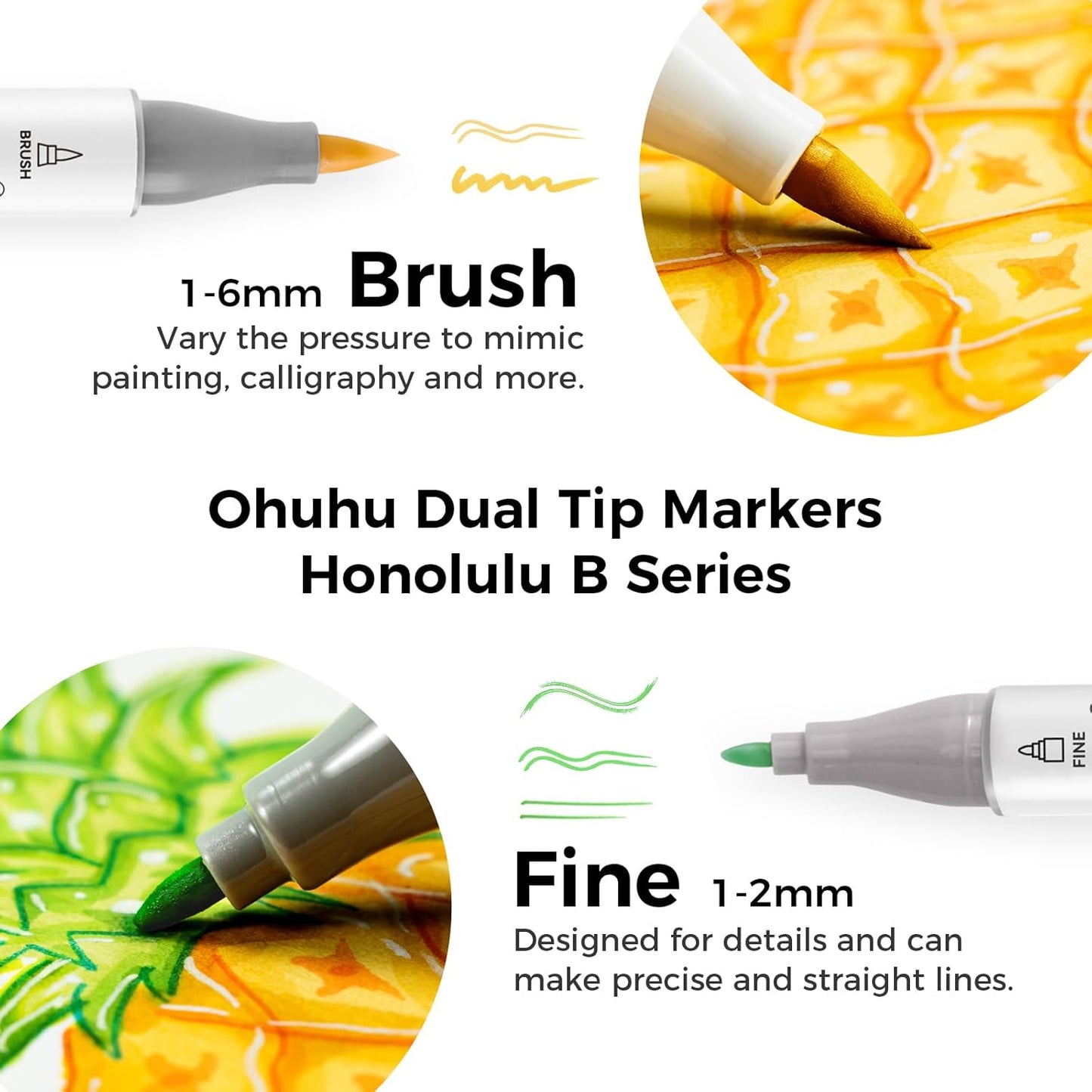 Ohuhu Alcohol Markers Brush Tip -Double Tipped Art Marker Set for Artist Adults Coloring Illustration -48 Colors -Brush & Fine -Honolulu B -Refillable