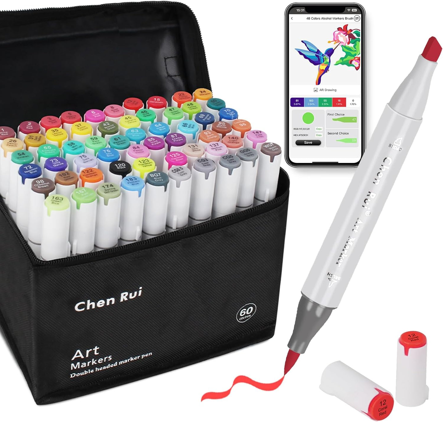 YHC 60 Colors Alcohol Brush Marker with Free App,Dual Tips Art Markers for Adults and Kids, Alcohol Based Brush & Chisel Tips Markers for Drawing, Coloring, Painting, Sketching