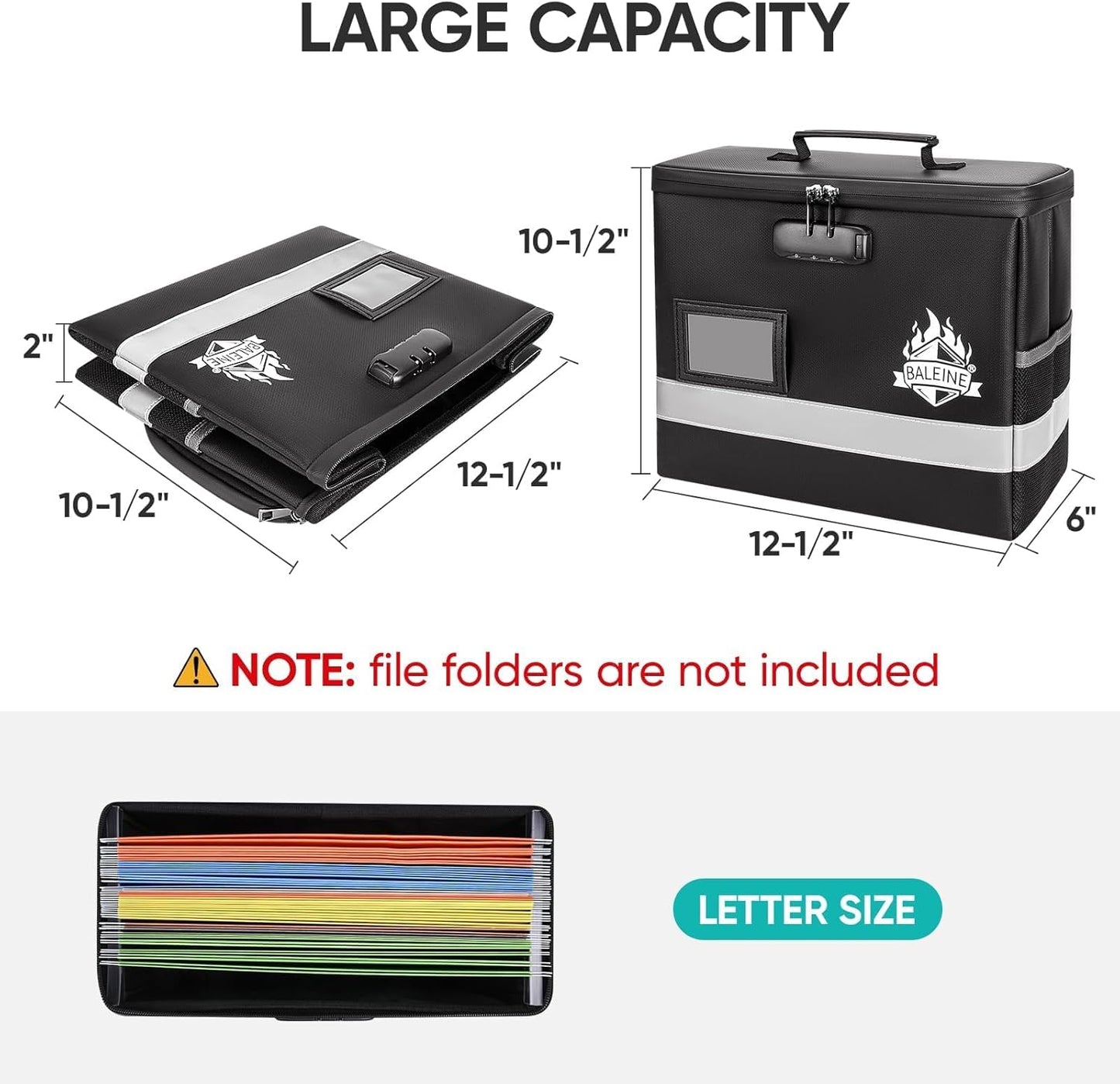 BALEINE Fireproof Document Box with Lock, Portable Fireproof Document Bag Waterproof Fire Proof File Boxes for Documents, File Organizer Box for Important Paperwork (Black, 12.5''x10.5''x6'')
