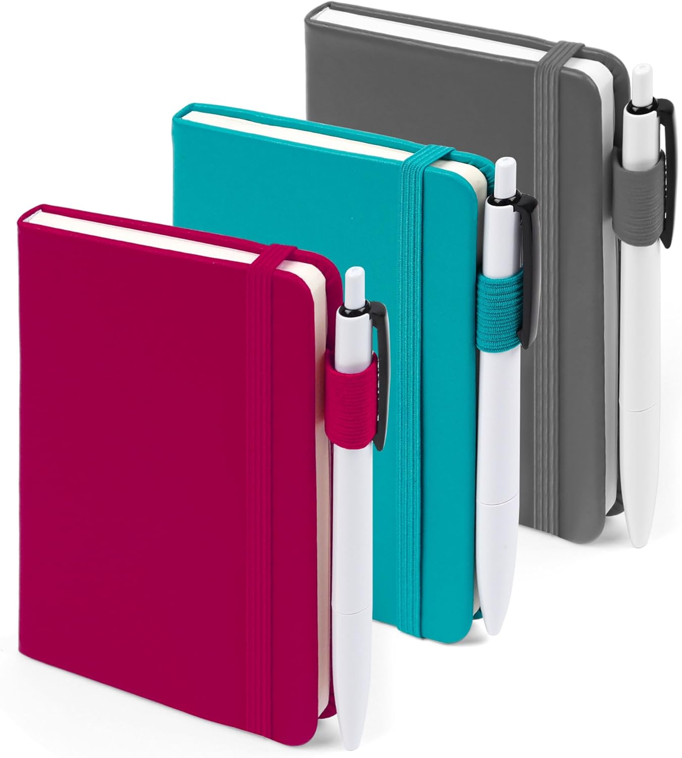 feela Pocket Notebook Journals, Mini Cute Small Hardcover College Ruled Notepad Office School Supplies, with 3 Black Pens, 3.5”x 5.5”, 3 Pack, A6, Solid Colors, Gray, Berry, Emerald