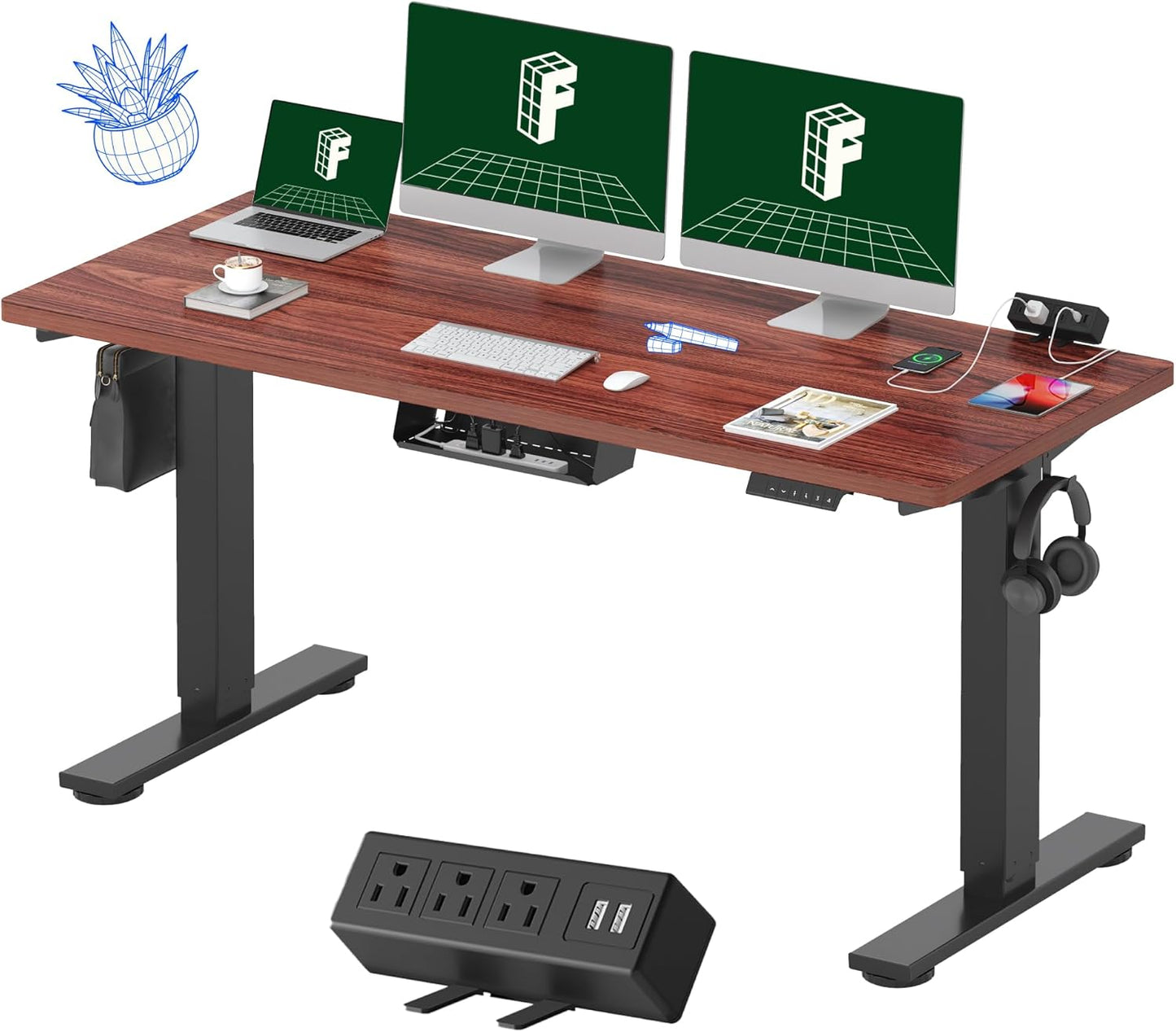 FLEXISPOT EN2 Whole-Piece Standing Desk with Clamp Power Strip, 60 x 24 Electric Stand Up Height Adjustable Desk with Cable Management (Black Frame + 60" Mahogany Top, 2 Packages)