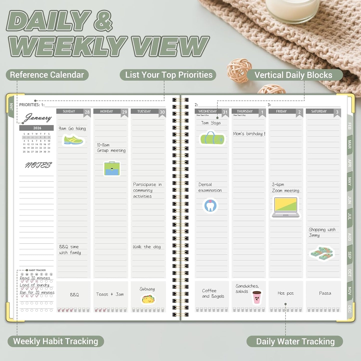 Academic Planner 2026 (8.5" x 11") - Weekly & Monthly Planner (Jan. 2026 - Dec. 2026), Column View Calendar Organizers, Hardcover Agenda Book with Tabs for Office & School, Green