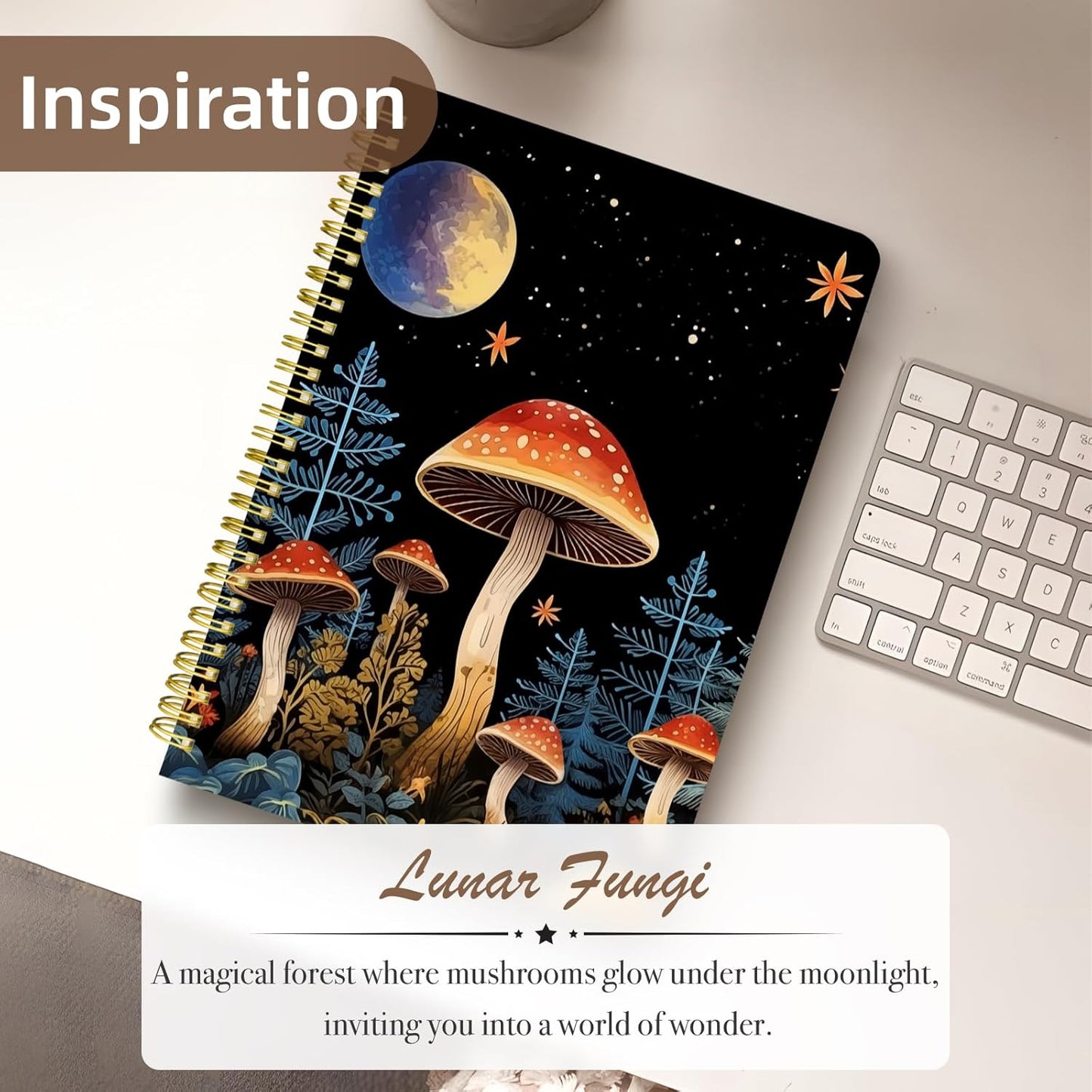 Cute Spiral Notebook journal B5 Aesthetic Pretty Design for Women Girls Kawaii with Pocket, 10 x 7.2 inch, Lined, Moon Mushroom