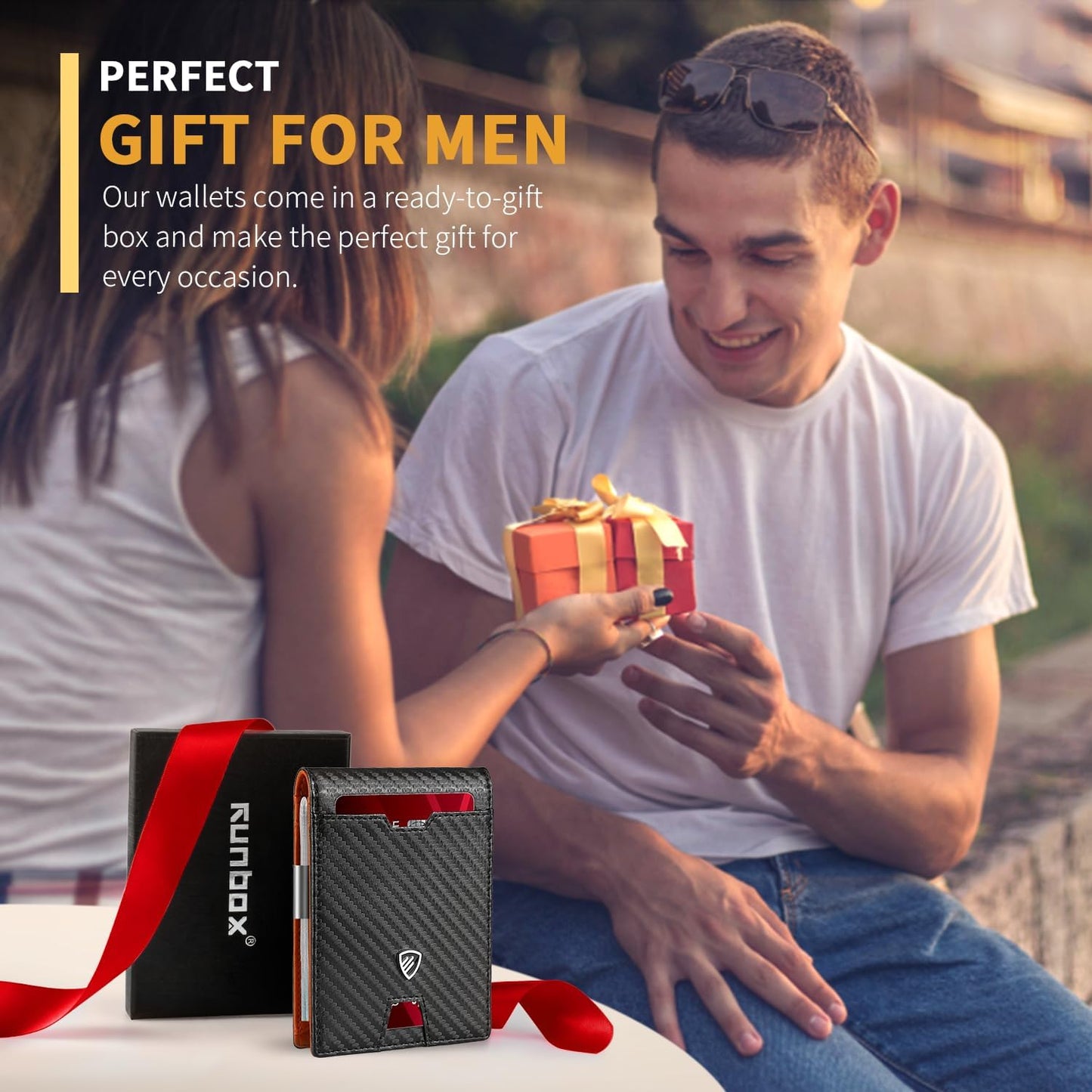 RUNBOX Mens Slim Wallet with Money Clip RFID Blocking Bifold Credit Card Holder for Men with Gift Box