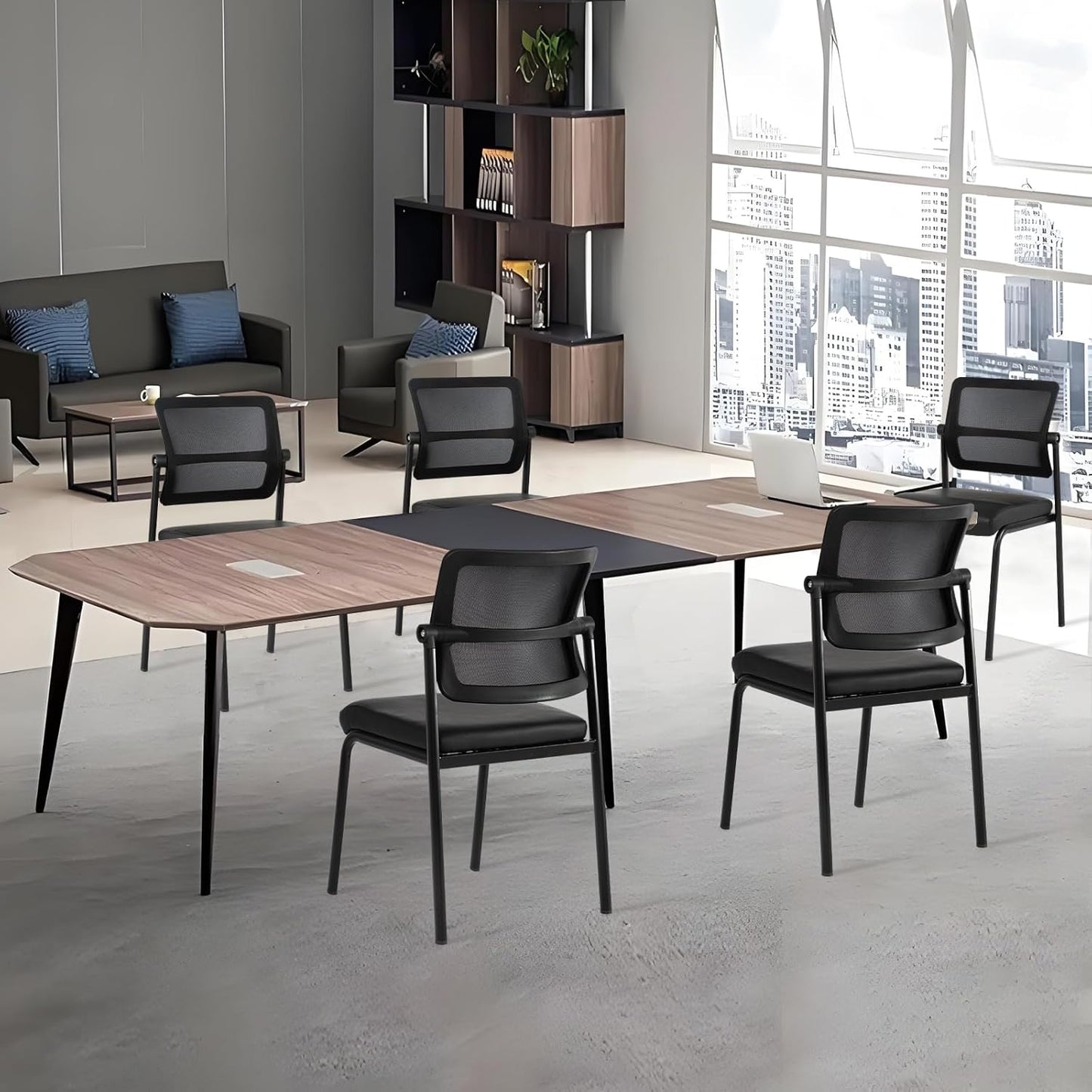 CLATINA Stacking Waiting Room Chairs, Adjustable Mesh Backrest Armless Office Guest Reception Chair with Leather Cushion and Ergonomic Lumbar Support for Conference Lobby Side School Classroom, 4PK