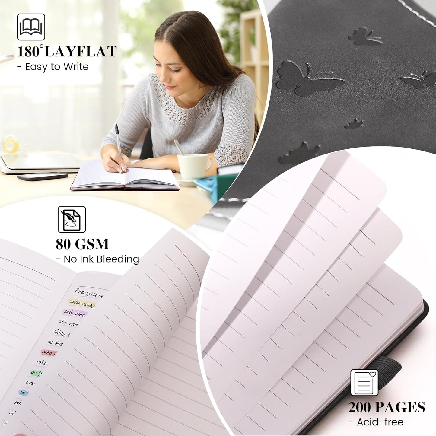 Lined Journal Notebook, A5 Hardcover Leather Journal for Men Women, 200 Pages 100 GSM Thick Paper, Journaling Notebooks for Work School Travel Note Taking, Black