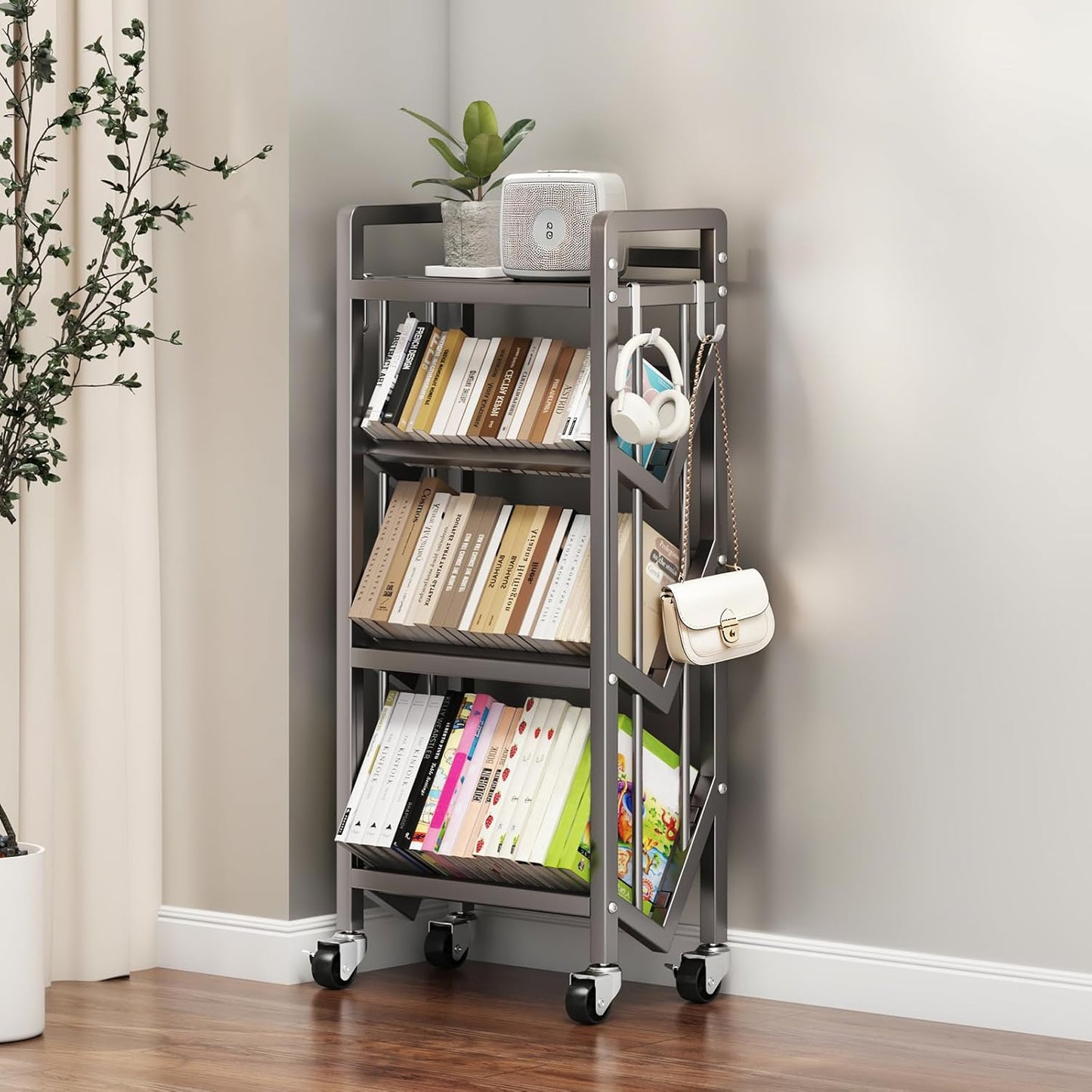 Bookshelf Movable Book Cart Multi-Layer Storage Rack Large-Capacity Rolling Cart L-Shaped Carbon Steel Shelf Suitable for Storing Books, Magazines, Newspapers, Shoes