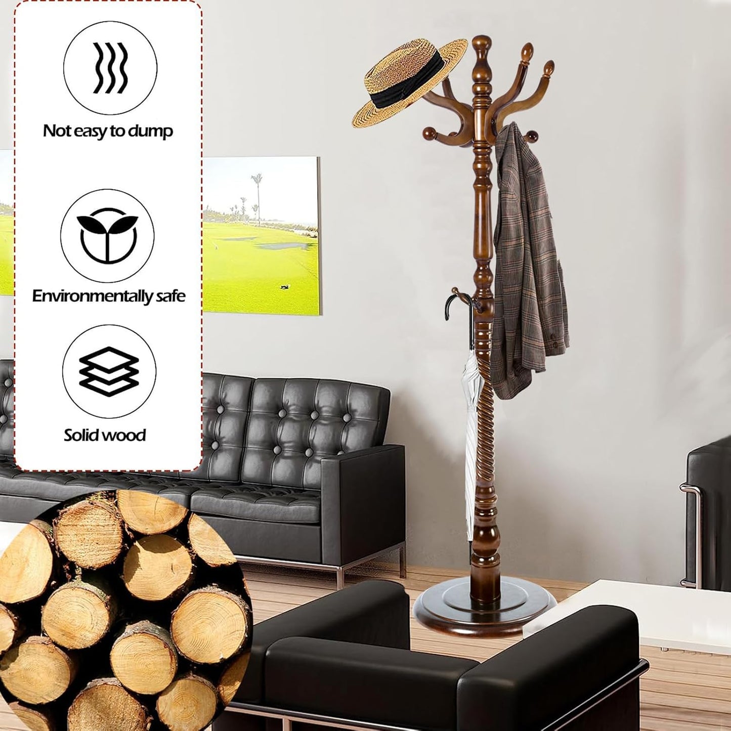 Coat Racks Free Standing with 11 Hooks, Natural Wood Coat Stands for Entryway, Adjustable Height 74 in Tree Coat Rack Stand for Hallway Home Office Bedroom (Brown Round Base)