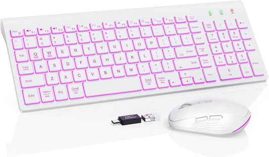 SABLUTE Wireless Keyboard and Mouse Combo Backlit - Compact Quiet Keyboard with RGB Mouse, Rechargeable, Slim, Sleep Mode, Portable Cordless Keyboard Mouse Set for Mac, Windows, Laptop (Polar White)