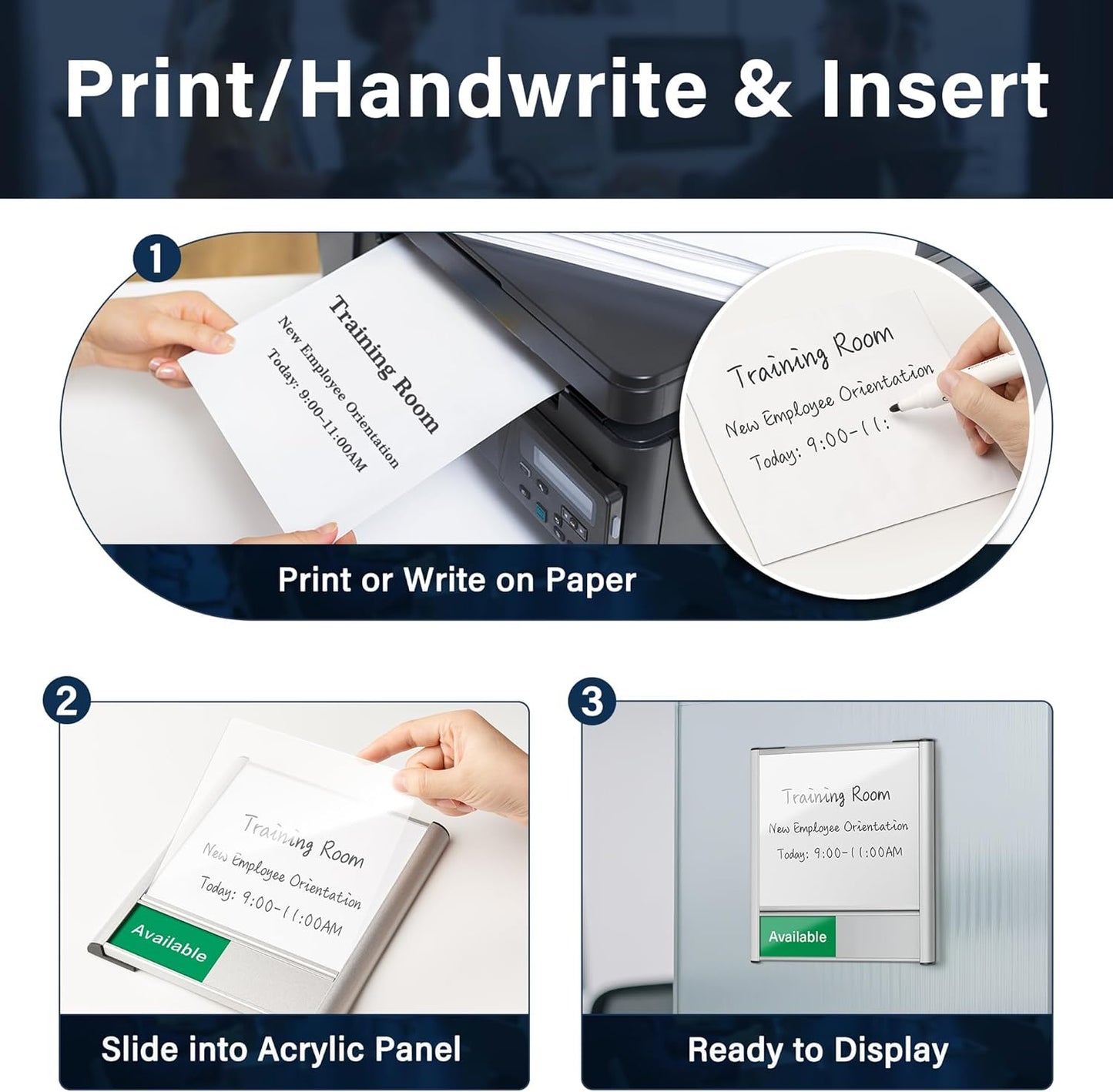 Conference Room Door Sign with Slider – Office Door Sign for Meeting Room, Brushed Silver Writable Whiteboard Panel, DIY Custom Insert, Fingerprint-Resistant, Self-Adhesive Mount, Clear Status Display, Rounded Corners