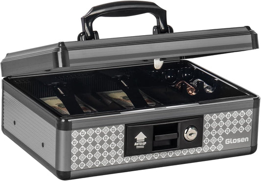 Cash Box with Lock, Money Box with Key Lock & Removable Coin Tray 8.85 * 5.3 * 11.8 inch (Black, Large)