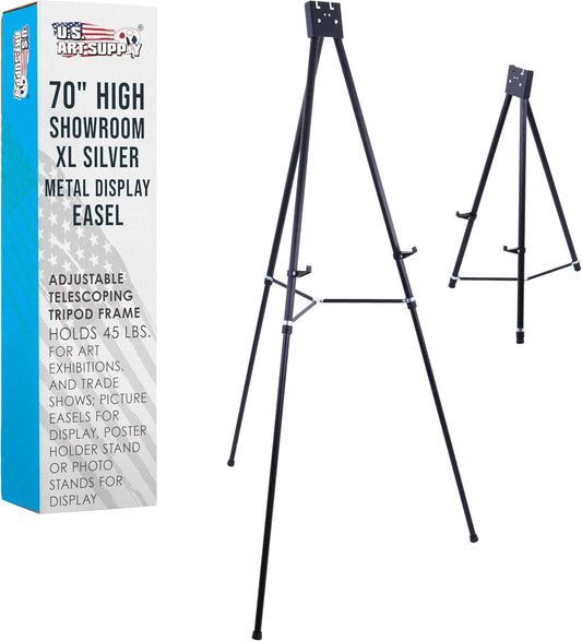 U.S. Art Supply 70" High Showroom XL Silver Metal Display Easel - Large Adjustable Height Portable Easel Stand, Sign Display, Holds 45 lbs - Floor & Tabletop Easels, Painting Stand