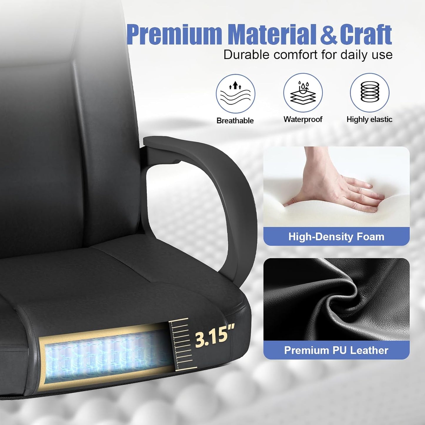 ZZH Executive Office Chair, Leather Desk Computer Chair with Armrests, Mid-Back Swivel Adjustable for Home Office, 2PC, Black