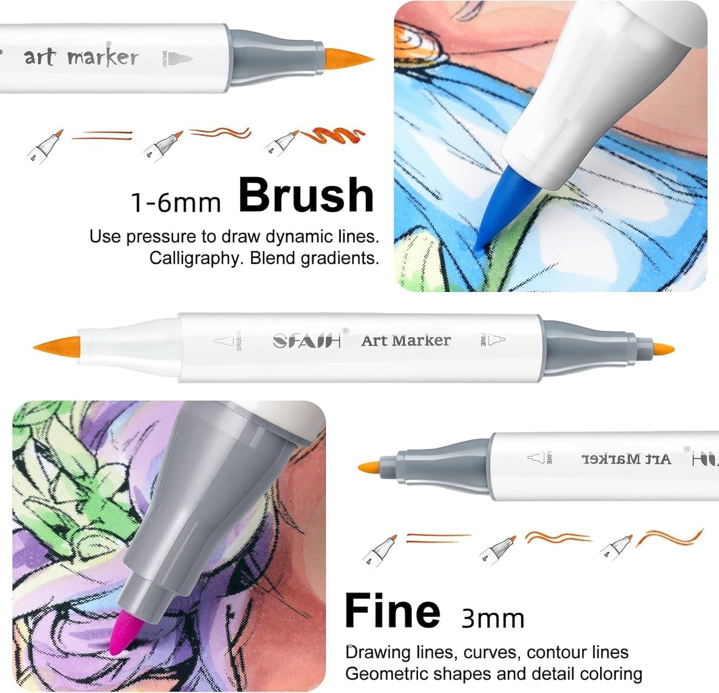 SFAIH Alcohol Markers Brush & Fine Tip 321 Set - Dual Tip Professional Artist Markers for Adult Coloring Books, Illustration, Manga, Animation, Architecture Sketching - Refillable Ink