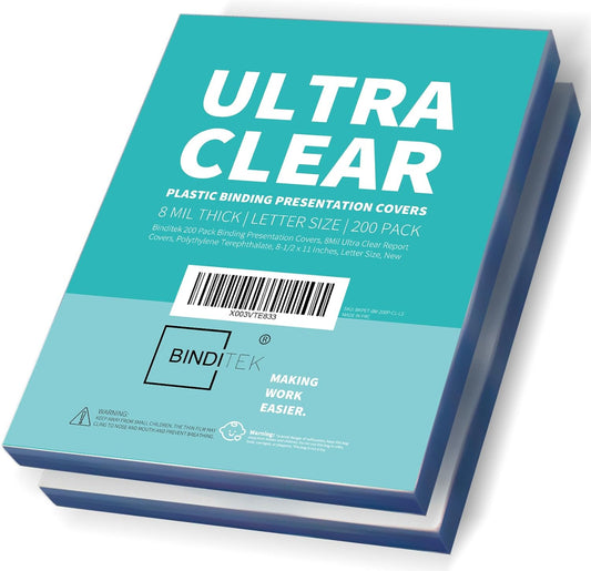 Binditek 200 Pack 8 Mil Binding Presentation Covers, Report Covers for Binding, Ultra Clear, 8-1/2 x 11 Inches, Letter Size, Square Corners, Un-Punched, Office Supplies